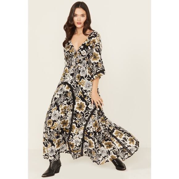 NWT Free People Dixie Floral Maxi Dress Black White Gold S 100% Cotton Boho Fall - Picture 1 of 10